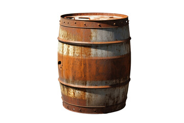Obraz premium Rusty metal barrel, full body centered on white background, stock photograph, high quality, metallic texture aged by weather, central focus, isolated, showcasing the patina of rust, accented details
