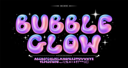 Glossy gradient bubble font. Inflated alphabet, 3D colorful ballon letters and numbers. Vector set