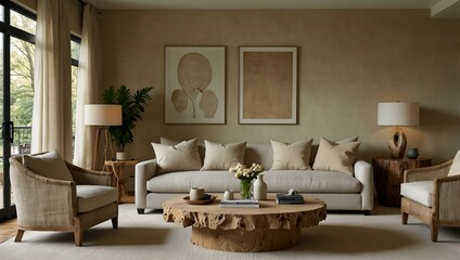 Living room with neutral colors and natural textures.