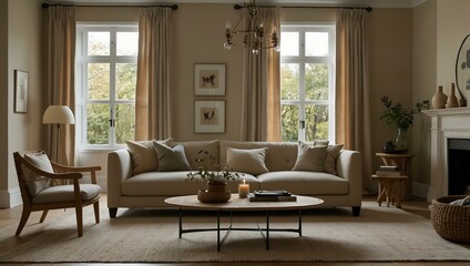 Living room with neutral colors and natural textures.