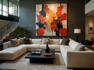 Living room with sectional sofa and large abstract painting.