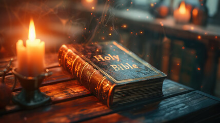 Holy Bible book on table on light background, religious text, Christianity, Catholicism, library, literature, faith, God, reading, believe, pages, Christian symbol, Holy Scripture, religion