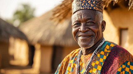 Obraz premium Smiling older man in traditional African attire, standing proudly in a sunlit village square