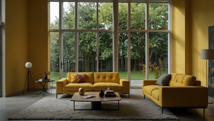 Living room with yellow modular sofa and large windows.