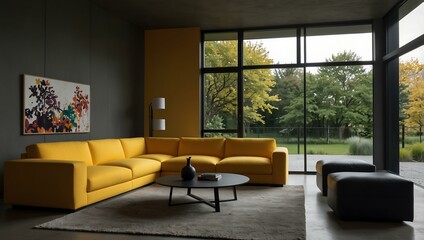 Living room with yellow modular sofa and large windows.