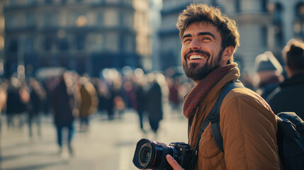 Man with a wide smile holding a camera in a bustling city square, capturing moments with vibrant...