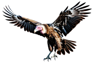 Vulture with wings spread mid-flight, isolated against a stark white background, capturing details like the texture of its feathers and the shape of its wings against the light, digital painting