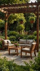 Lush garden with wooden pergola and patio furniture.