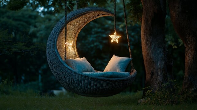 crescent moon shape tree swing or day bed with star shape lights glowing in night time at lush peaceful garden