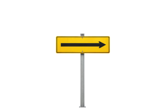 Single yellow street "arrow" sign, centered, full body isolation, white background, high quality stock photograph, high key lighting, sharp focus, pristine condition