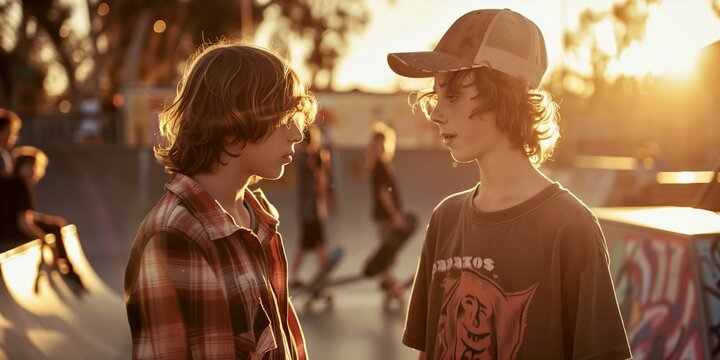 Two young skateboarders engage in a serious conversation at a skate park during golden hour in an urban setting - Powered by Adobe