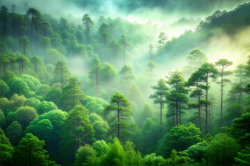 Misty forest with sunlight filtering through the canopy