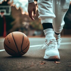 Naklejka premium A young athlete dribbles a basketball on an outdoor court surrounded by trees during late afternoon sunlight