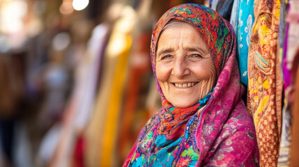 Fototapeta premium Smiling elderly woman with a vibrant headscarf standing in a bustling market, colorful fabrics and spices surrounding her