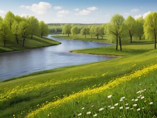 Obraz premium Spring river among fields with blooming dandelions