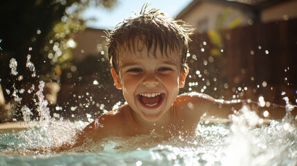 Obraz premium Young boy with a wide grin, splashing in a sunny backyard pool, bright water and playful energy