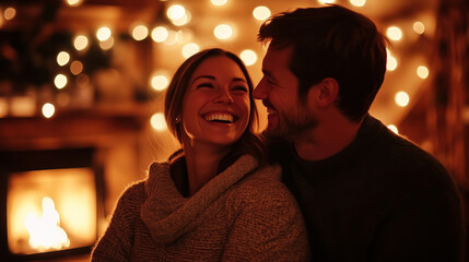 Young couple smiling while standing in front of a cozy fireplace, warm ambiance and soft lighting