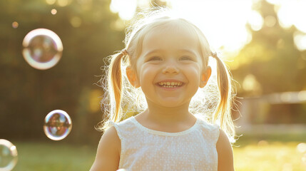 Smiling little girl with pigtails playing with bubbles in a sunny backyard, joyful energy and bright sunlight