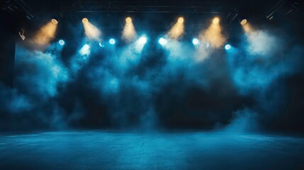 Bright white and yellow stage lights illuminate a cloud of smoke on a dark background.