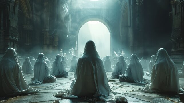 Members of a spiritual sect meditating in hoods inside an ancient structure during a gathering