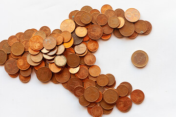 a large fish made of coins eating a smaller one to suggest the idea of a hostile takeover
