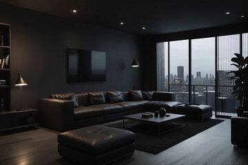 interior space, specifically a living room. The room is furnished with a large black sectional sofa that faces a fireplace, which has a lit fire. 