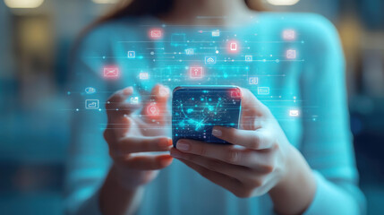 hands holding smartphone with social network on screen on blurred background, internet, mobile phone, community, people, device, communication, web, modern technologies, connection, online