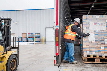 Fototapeta premium Bustling warehouse scene showcasing a large delivery truck. Generative AI