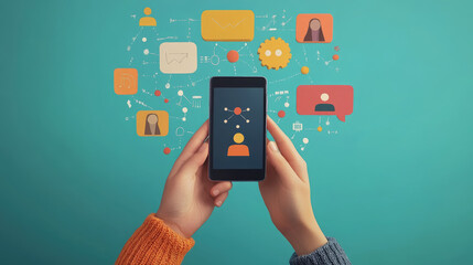 hands holding smartphone with social network on screen on blurred background, internet, mobile phone, community, people, device, communication, web, modern technologies, connection, online