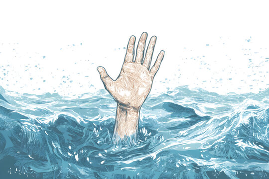Drowning hand in water illustration, help concept, save life, distress signal, ocean waves, drowning prevention, safety awareness, hand reaching out, desperate situation, digital art