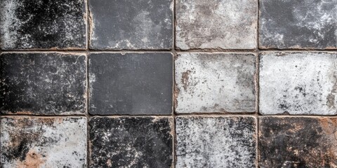 Fototapeta premium A checkerboard pattern on an old tiled floor displays a mix of gray and black tiles showing signs of wear and age