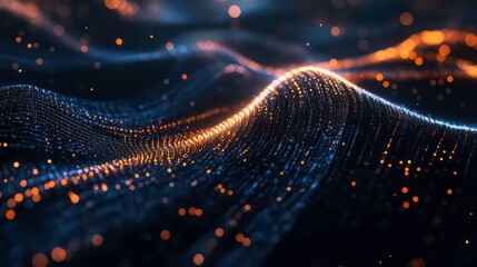 Abstract wave of glowing particles on a dark background.