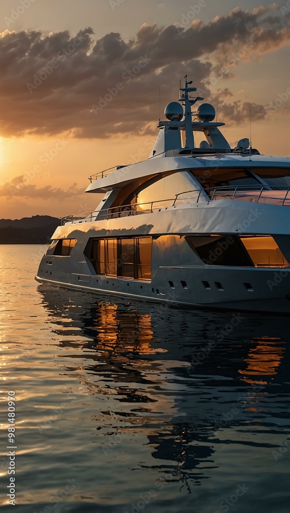 Sticker Luxury yacht with a glass dome at sunset.