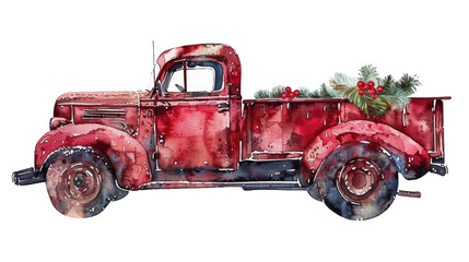 Christmas  Watercolor red truck on transparent