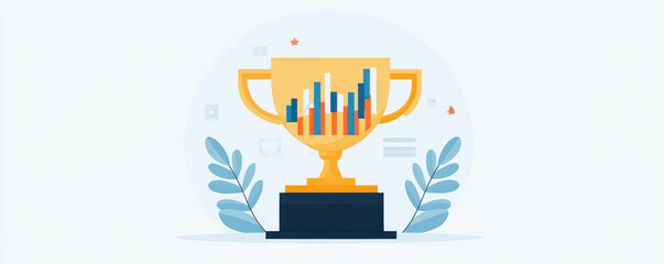 A trophy symbolizing business success, featuring colorful bar graphs, represents achievement and growth in professional environment. Its design conveys motivation and accomplishment