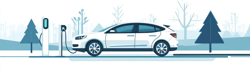 Fototapeta premium A modern electric car is charging at clean energy station surrounded by trees and serene landscape. This image represents future of sustainable transportation and eco friendly technology