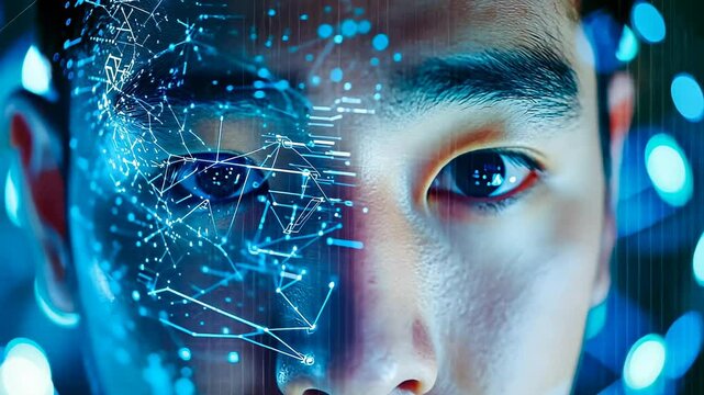 A young Asian man's face with a digital overlay presents a cybernetic and futuristic theme. The blue light and geometric patterns suggest an advanced technological environment, evoking modern