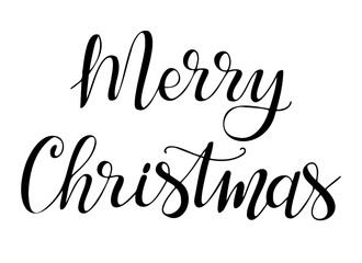Calligraphy handwriting black text Merry Christmas. Greeting card template for winter holidays banner, postcard, Christmas greeting card. Black vector lettering isolated on white background