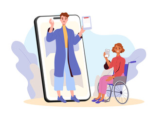 Woman with online doctor. Young girl in wheelchair talking on phone with doctor in medical uniform. Healthcare and medicine, treatment. Flat vector illustration