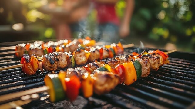 Grilled vegetable skewer, grilled meat with vegetable on a grill.