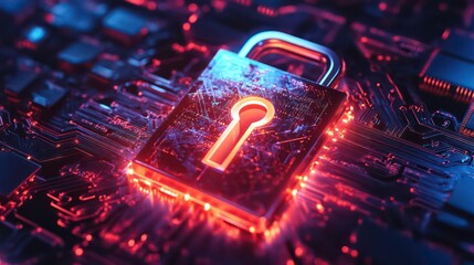 A glowing padlock on a dark circuit board.
