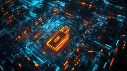 A glowing orange padlock icon on a futuristic digital circuit board.