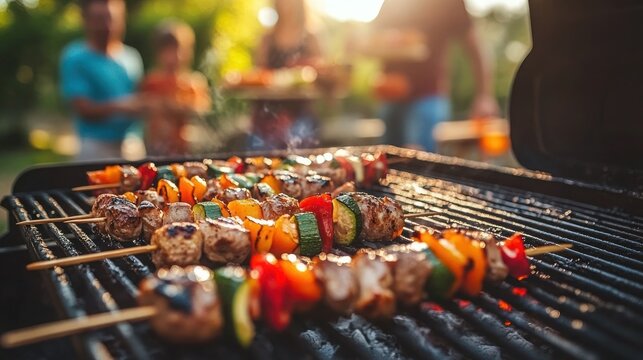 Grilled vegetable skewer, grilled meat with vegetable on a grill.