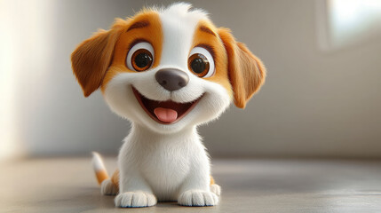 3d cartoon illustration of adorable puppy with big expressive eyes smiling cheerfully against white room background, dog, pet, domestic animal, friend, character, canine, breed, baby