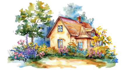 Watercolor rural cottage house among green trees. Summer village cozy home composition. Cartoon countryside design elements isolated on transparent background.