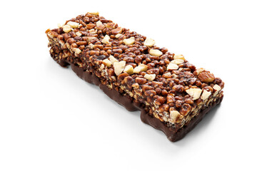Chocolate protein bar with nuts, cereal and granola isolated on transparent background, high protein sports nutrition