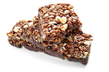 Chocolate protein bars with nuts, cereal and granola isolated on transparent background, high protein sports nutrition