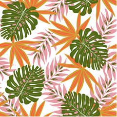 Abstract seamless tropical pattern with bright plants and leaves on a white background. Summer colorful hawaiian seamless pattern with tropical plants. Trendy summer Hawaii print.