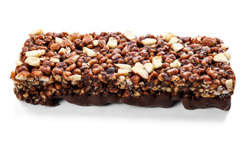Chocolate protein bar with nuts, cereal and granola isolated on transparent background, high protein sports nutrition