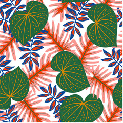 Abstract seamless tropical pattern with bright plants and leaves on a light background. Modern abstract design for fabric, paper, interior decor. Seamless botanical pattern with plants.